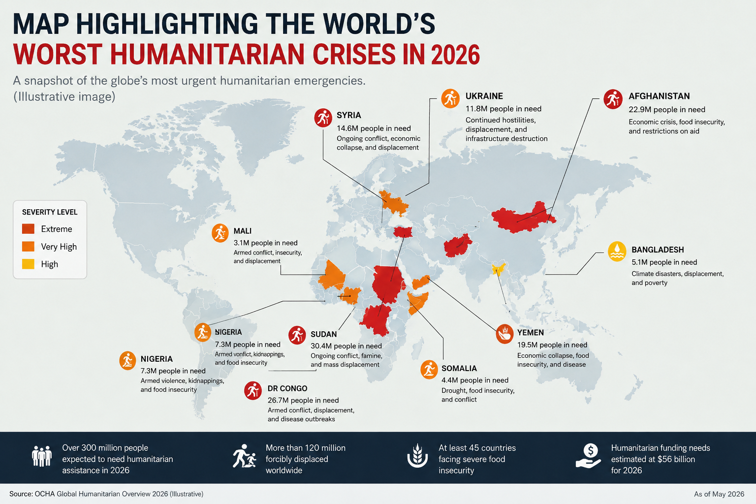 Map highlighting the world's worst humanitarian crises in 2026